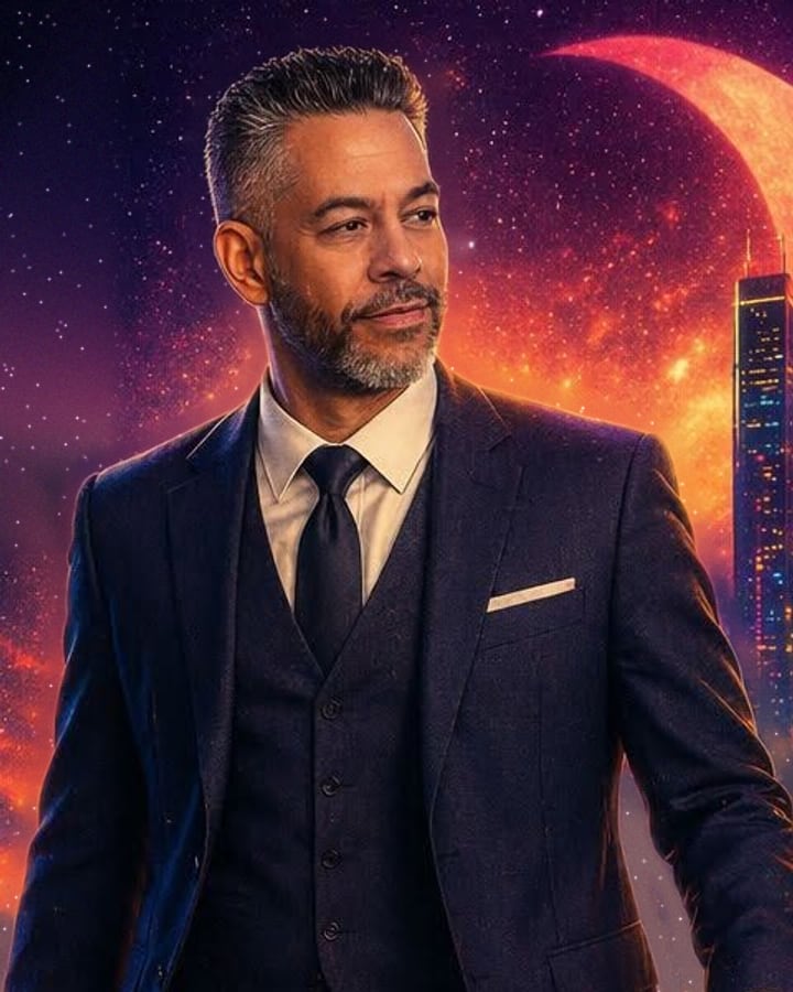 Clinton Mann in a dark three-piece suit, lit by the orange glow of a night-time airport