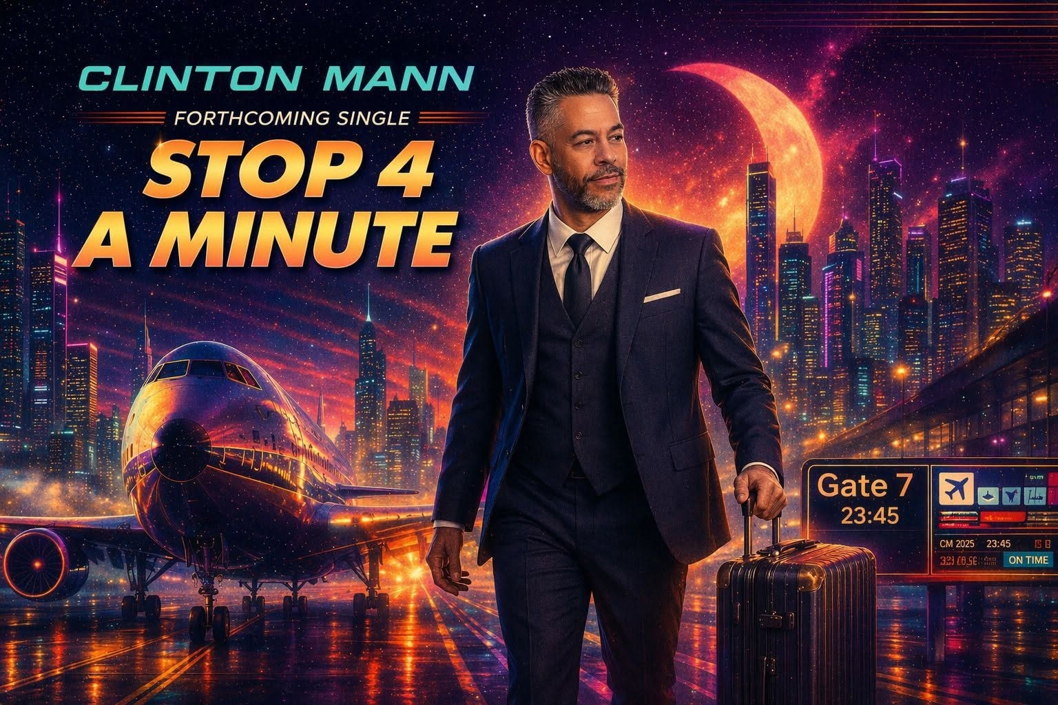 STOP 4 A MINUTE single artwork: Clinton Mann walks through a neon airport at night with a suitcase, a jet and a crescent moon over the city behind him